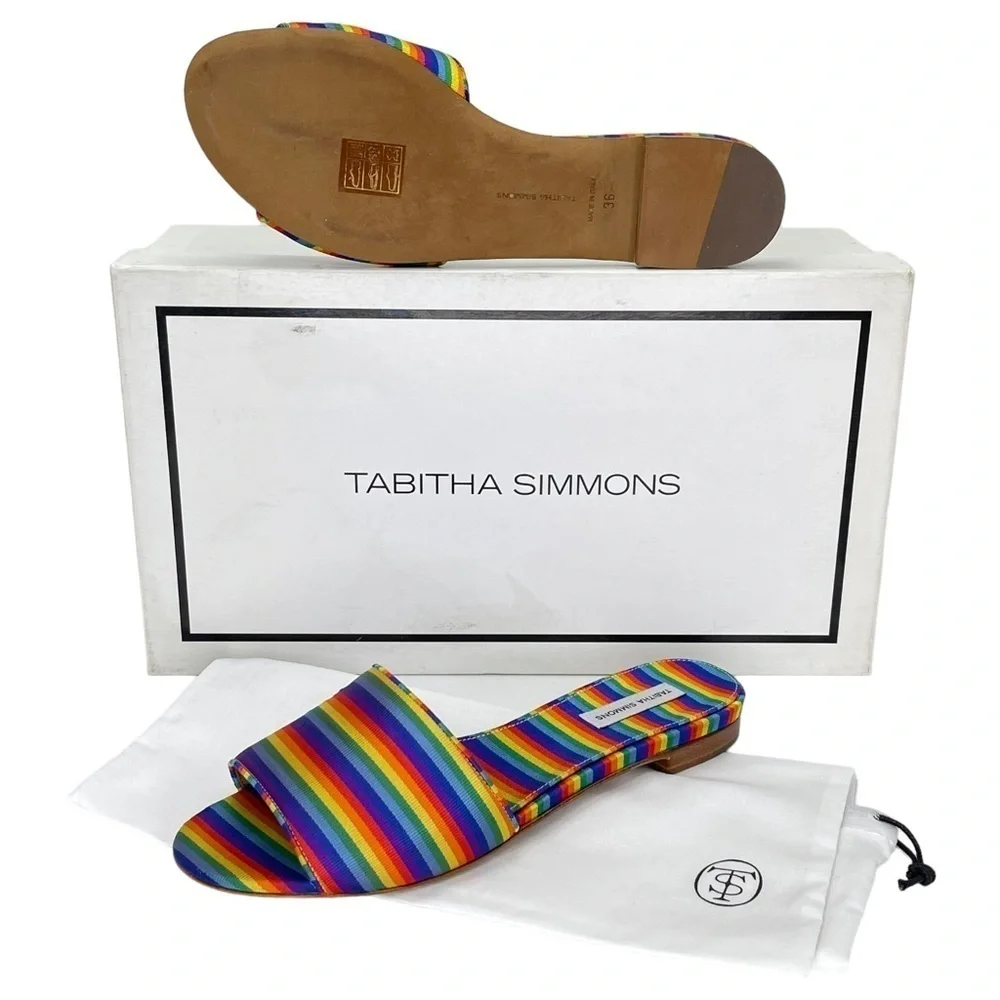 Tabitha Simmons Womens Slide Sandals EU 36 US 6 Sprinkles Rainbow Stripe Silk - Picture 13 of 13